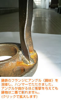 鋳鉄のフランジにアングル（鋼材）を溶接し、ハンマーでたたきました。アングルが曲がるほど衝撃を与えても鋳物は二番で割れません。